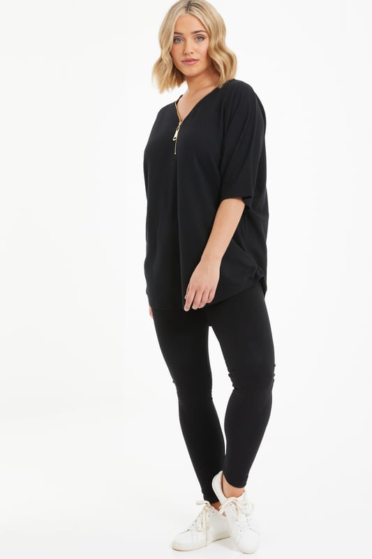 Curve Black Zip Batwing Top