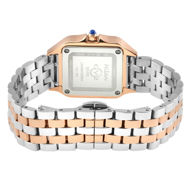 Adorn your wrist with a symphony of decadence, inspired by the heart of the fashion world. The Milan Collection by GV2 is the epitome of lavishness, where Swiss precision craftsmanship meets the effortless allure of Italian style, creating a timepiece that exudes timeless sophistication and femininity.

One of the standout features of this collection is the blue lapis dial option. Lapis lazuli, revered since ancient times for its deep, celestial blue color, symbolizes wisdom, truth, and power. The vibrant blue lapis dial adds a sense of regal elegance to the Milan Collection, with its rich tones evoking the night sky and making each watch a stunning statement of luxury and style.

Eight resplendent diamonds are gracefully set on the dial, enhancing its brilliance and adding a touch of sparkle to the already breathtaking design. The diamond-cut bezel complements the dazzling effect, while the sapphire crystal face creates a canvas of flawless radiance. Choose from a supple Italian handmade patent leather band, available in distinctive hues, or an elegant stainless-steel bracelet, meticulously ion-plated in 18k rose or yellow gold, to suit your personal style.

Each timepiece within the Milan Collection is more than just a watch—it’s a tribute to the legacy of Italian fashion, an emblem of luxurious femininity, and a harmonious marriage of elegance and artistry. The Milan Collection combines the precision of Swiss craftsmanship with the opulent beauty of the blue lapis dial, creating a piece that resonates with the timeless sophistication and grandeur of Milan’s fashion heritage. GV2 121141B Women's Milan Diamond Swiss Quartz Watch
