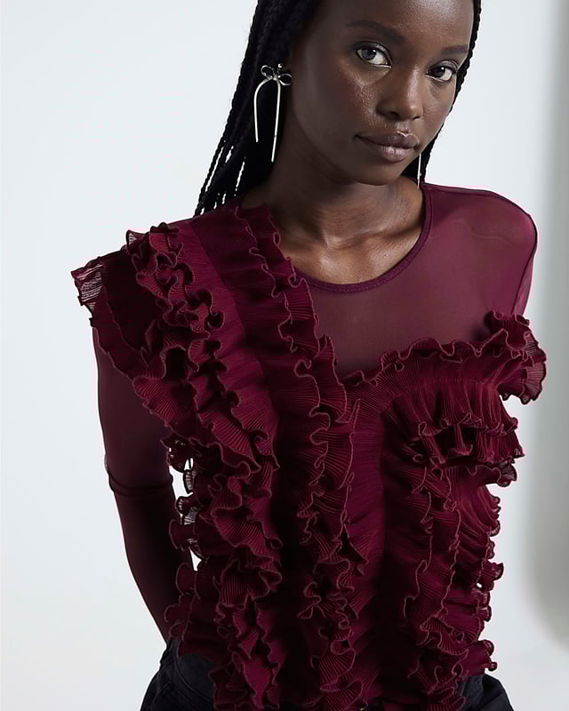 Mesh fabric, Frill detail on body, Crew neckline, Long sleeve