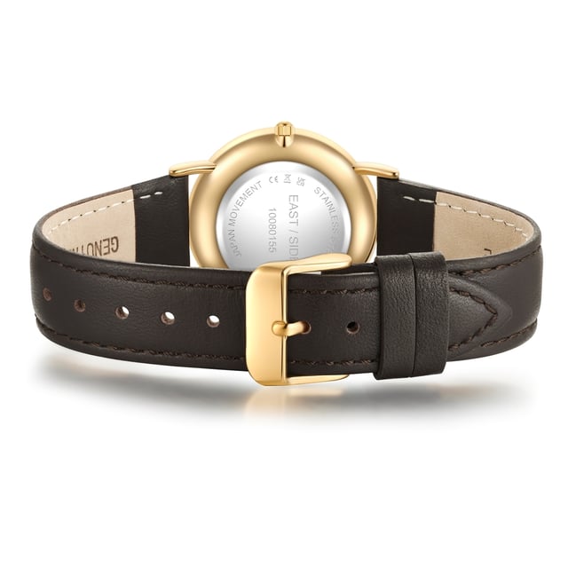 GENERAL INFORMATION:  • Targetgroup: Female  • Wristwatch: No Special Functions  • Display: analogue  • Weight of watch w/o box (gr.) - approx.: 26,0  MOVEMENT:  • Movement: Quartz  • Term of Movement: 2025  • Origin of movement: Japan  BRACELET:  • Material of bracelet/strap: Genuine leather  • Plating of bracelet/strap: None  • Finishing of bracelet/strap: Smooth  • Finishing/Decoration of bracelet/strap: Seam  • Clasp/Closure/Buckle: Buckle  • Color of bracelet/strap: Dark brown  • Length of bracelet/strap (mm) approx.: 210,0  • Width of bracelet/strap (mm) approx.: 18,0  • Style/Design of bracelet/strap: No imprint  • Bracelet/strap adjustable?: No  CASE:  • Shape of case: Round  • Size/Diameter of case in mm . approx.: 33,0  • Height of case in mm: 6,7  • Case material: Metal (Alloy)  • Surface of case: Polished  • Bezel/Topring: Fixed  • Finishing/Decoration of case: None  • Material of case back: Stainless steel  • Lock of case back: No screwed-in crown  • Color of case: Yellowgold  • Coating/Plating (Case): Ion-Plating (IP)  • Type/Form of crystal: Flat  • Material of crystal: Mineral crystal  • Water resistant (ATM): 3  DIAL:  • Size jewelry care cloth: Hour, Minute  • Indices: Roman numerals/points  • Material of dial: Brass  • Structure/pattern of dial: sunray  • Color of dial: Green  PUSHER, CROWN, HAND:  • Pusher: None  • Corrector: No  • Crown: No screwed-in crown  • Type of hands: Dauphine hands  • Luminescent (hands): No  PACKAGING & SCOPE OF DELIVERY:  • Box: Yes  • Service booklet: Yes  • Manual: Yes