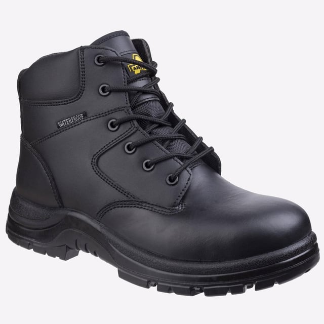 Botte de sécurité sans métal avec une tige en cuir imperméable et un col confortablement rembourré.