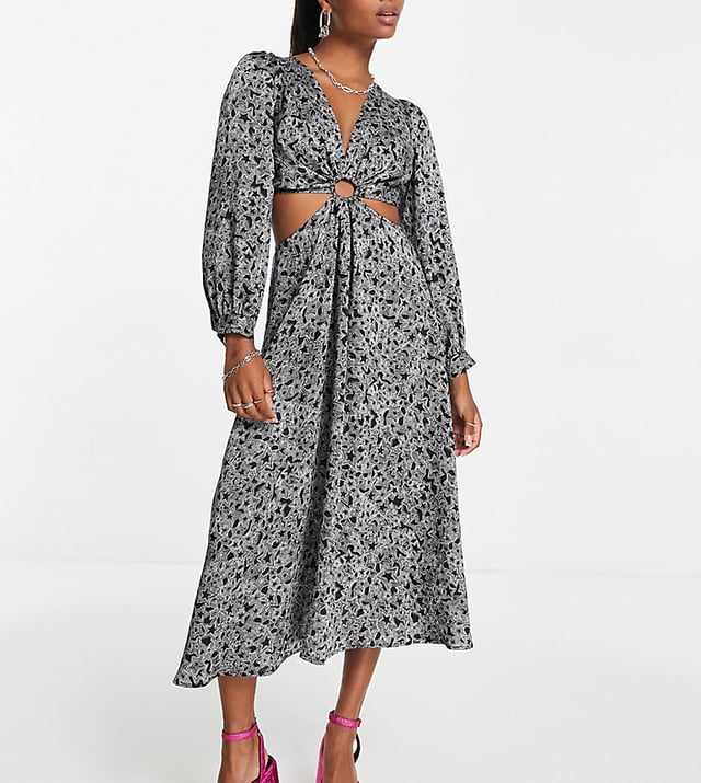Topshop Petite star print cut out detail ring midi dress in mono Black