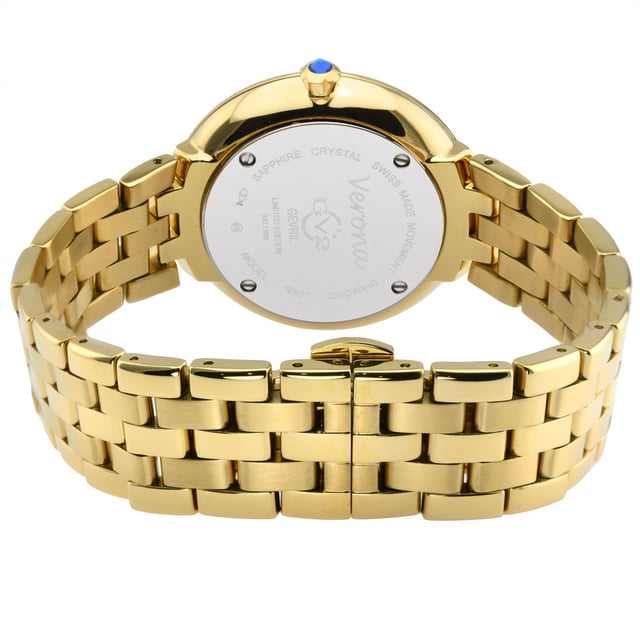 Crafted of a long, rich history and dazzling with its subtle charm, GV2’s Verona Collection is the best of what a women’s watch can be. A soft, powerful touch that delights the eye, the Verona Collection is for the romantic inside all of us.  Like the quaint town in Northern Italy, Verona timepieces stand the test of time using Swiss Quartz Movement. Brilliantly radiant while understated and restrained, the elegant design features curly, script numbering on the 3,6,9 and 12 markers adding soft touches over powerful fabrication. The 37mm diamond cut bezel contains a mother of pearl face with 8 stunning diamonds on the dial protected by anti-reflective sapphire crystal completing a design that would inspire Shakespeare.  In fair Verona, while romance leads, the construction harkens to an ancient past that is decidedly modern. Adorned with a push pull fluted crown in blue Cabochon stone, a nod to the city by the river, each Verona watch is secured with a braided bracelet and deployment buckle befitting ancient Roman ruins and stunning Medieval Architecture.  Whether strolling through the piazza, taking in an opera at the amphitheater or sightseeing through the mini coliseum, GV2’s fair Verona Collection inspires love at first sight.

GV2 12901B Women's Verona Swiss Diamond Watch

GV2 Women's Swiss Quartz Watch from the Verona Collection
37mm SS/IP Light Gold Diamond Cut Bezel Case
8 Diamonds on White MOP Dial, Gold Indices
Push Pull Fluted Crown with Blue Cabochon Stone
IP Light Yellow Gold Bracelet With Deployment Buckle
Anti-reflective Sapphire Crystal
Water Resistant to 50 Meters/5ATM
Swiss Quartz Movement Ronda 784