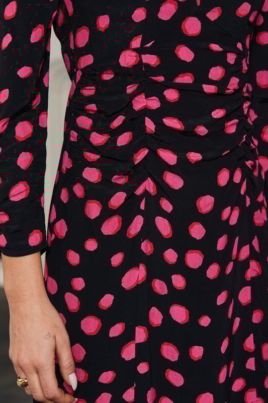 Black Pink Spot Print Ruched Waist Fit Flare Dress