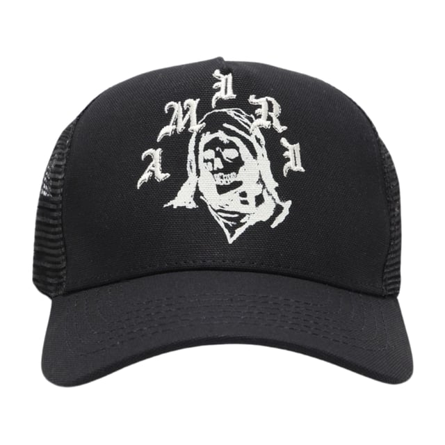 Ein Hauch von Spa� fur Ihre Sommertage, aber nichts Au�ergewohnliches fur ein Amiri-Sammlerstuck. Perfekte Kopfbedeckung fur den Sommer. Reaper Trucker Hat Amiri Cap, schwarze Mutze mit gesticktem Logo, 100 % Baumwolle, AW22MAH012-4