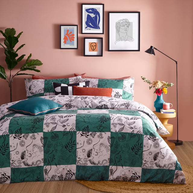 Check out our own twist on the trending checkerboard design and amazing artwork on your bed! The Mythos Checkerboard duvet cover set is adorned with unique hand-drawn, printed mythology symbols, ranging from birds and florals to cupid’s heart and Greek gods. These are printed onto an eye-catching green and white checkerboard design, blending modern prints and ancient icons for a unique artistic look. Finished with a paired back look reverse that focuses purely on the arty mythology icons, printed on a white background. An imaginative way of adding a touch of both ancient and modern art to your bedroom.