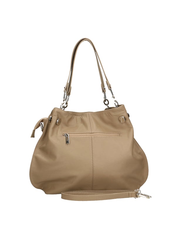 Bolso bandolera para mujer. El cierre es con cremallera. Los bolsillos internos son uno con cremallera. Los bolsillos externos son uno en la espalda con cremallera. La bandolera es ajustable y extraíble en piel. El mango es de cuero. Hay dos compartimentos internos. El material exterior es piel auténtica sauvage. Internamente está forrado en tejido 70% algodón - 30% seda. Medidas: 38x30x12 cm. Hecho en Italia
