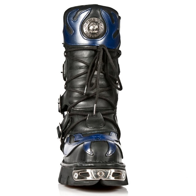 These mid-calf boots are crafted from premium cow hide leather and are finished with a quality that reflects the decades of experience in crafting premium footwear that New Rock has proudly amassed. This pair is characterised by a bold skull art piece and flame design that appears in blue on the black leather upper for a striking unique look that is sure to stand you out from the crowd. Another addition to the shoes distinctive look is a metallic motif that is created by the introduction of metal buckles, metallic inserts in the soles and an elegantly designed shiny New Rock logo. Not only is this a stunningly trendy piece but with the addition of a soft cushioned insole, comfortable leather lining and side zip opening these boots reach a level of comfort that will make you want to keep these mid-calves on all day.• Premium black leather uppers with blue skull feature• 23cm shaft height with side zip and metal buckles• 6cm rubber heel and 3cm sole