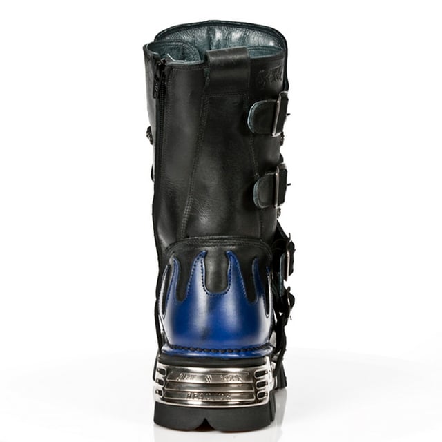 These mid-calf boots are crafted from premium cow hide leather and are finished with a quality that reflects the decades of experience in crafting premium footwear that New Rock has proudly amassed. This pair is characterised by a bold skull art piece and flame design that appears in blue on the black leather upper for a striking unique look that is sure to stand you out from the crowd. Another addition to the shoes distinctive look is a metallic motif that is created by the introduction of metal buckles, metallic inserts in the soles and an elegantly designed shiny New Rock logo. Not only is this a stunningly trendy piece but with the addition of a soft cushioned insole, comfortable leather lining and side zip opening these boots reach a level of comfort that will make you want to keep these mid-calves on all day.• Premium black leather uppers with blue skull feature• 23cm shaft height with side zip and metal buckles• 6cm rubber heel and 3cm sole