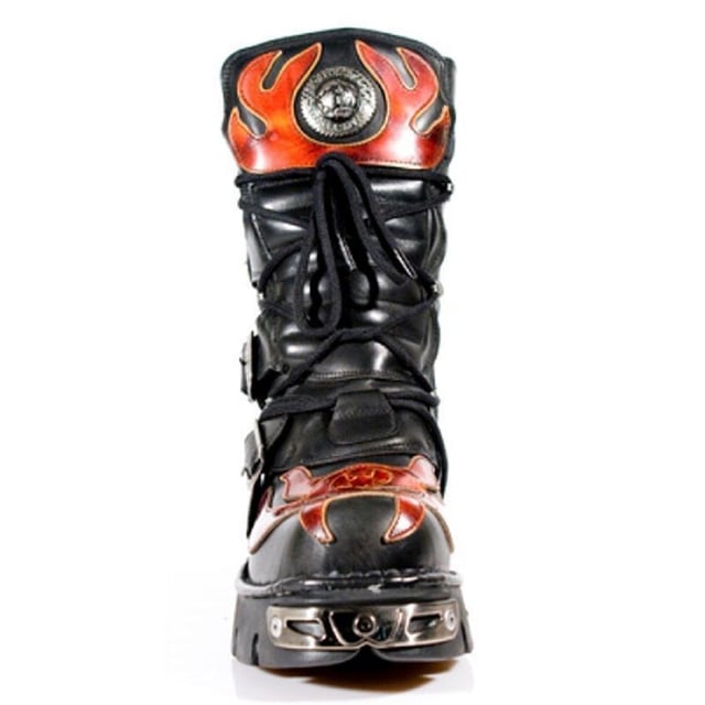 These mid-calf boots are crafted from premium cow hide leather and are finished with a quality that reflects the decades of experience in crafting premium footwear that New Rock has proudly amassed. This pair is characterised by a bold skull art piece and flame design that appears in red on the black leather upper for a striking unique look that is sure to stand you out from the crowd. Another addition to the shoes distinctive look is a metallic motif that is created by the introduction of metal buckles, metallic inserts in the soles and an elegantly designed shiny New Rock logo. Not only is this a stunningly trendy piece but with the addition of a soft cushioned insole, comfortable leather lining and side zip opening these boots reach a level of comfort that will make you want to keep these mid-calves on all day.• Premium black leather uppers with red skull feature• 23cm shaft height with side zip and metal buckles• 6cm rubber heel and 3cm sole