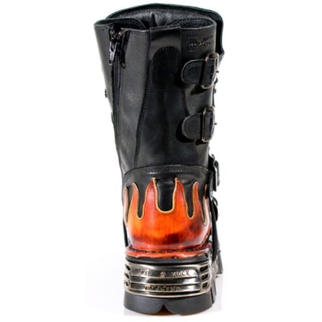 These mid-calf boots are crafted from premium cow hide leather and are finished with a quality that reflects the decades of experience in crafting premium footwear that New Rock has proudly amassed. This pair is characterised by a bold skull art piece and flame design that appears in red on the black leather upper for a striking unique look that is sure to stand you out from the crowd. Another addition to the shoes distinctive look is a metallic motif that is created by the introduction of metal buckles, metallic inserts in the soles and an elegantly designed shiny New Rock logo. Not only is this a stunningly trendy piece but with the addition of a soft cushioned insole, comfortable leather lining and side zip opening these boots reach a level of comfort that will make you want to keep these mid-calves on all day.• Premium black leather uppers with red skull feature• 23cm shaft height with side zip and metal buckles• 6cm rubber heel and 3cm sole