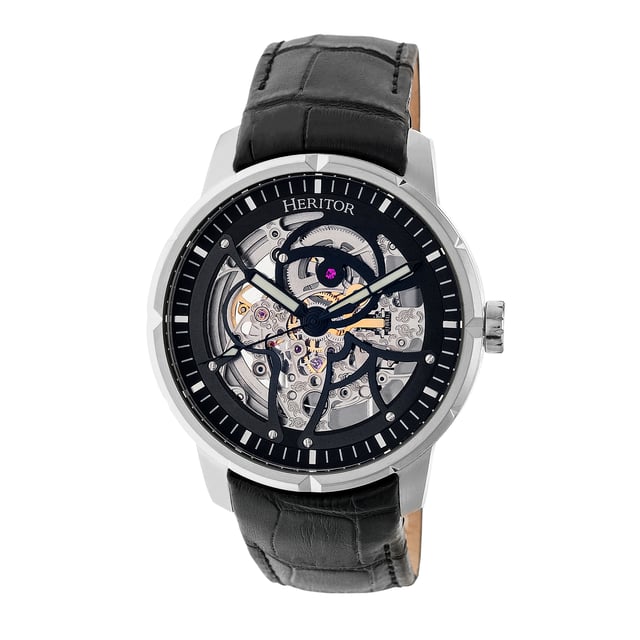 316L Surgical-Quality Stainless Steel Case; Jeweled Automatic Movement; Jewel Bearings: 22 Jewels; 40-Hour Power Reserve; Beats per Hour (BPH): 21600/Hour; Sapphire-Coated Mineral Crystal; Skeleton Dial; Observation Caseback to view Movement; Logo-Engraved Stainless Steel Crown; Genuine Leather Crocodile-Embossed Strap; Logo-Engraved Stainless Steel Clasp; Super-Luminova Hands; 44mm Diameter; 5 ATM Water Resistance;