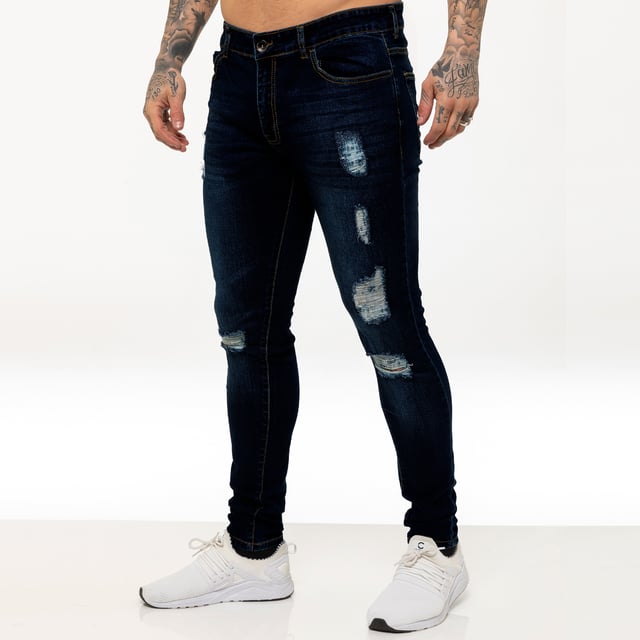 Enzo Mens Super Skinny Stretch Tiradores Rotos Vaqueros con cierre Zip Fly. 2 bolsillos frontales, 2 traseros y bolsillo de 1 moneda, botones y remaches de marca.