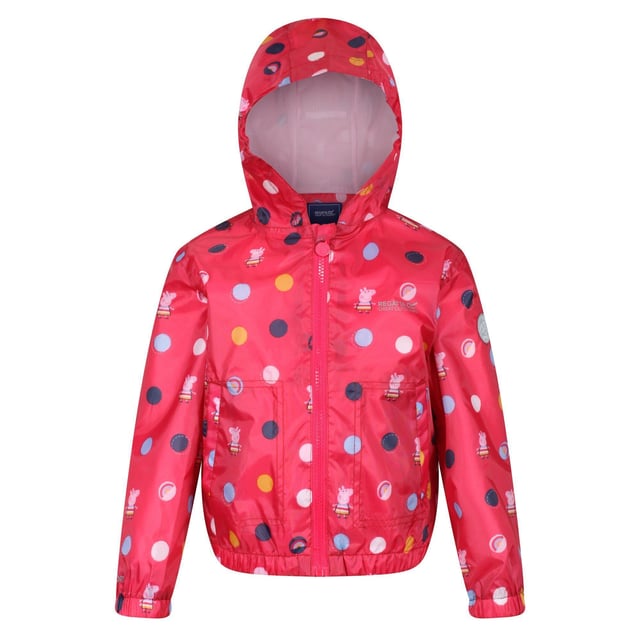 Material: 100% Polyester. Lining: Comfort, Mesh, Polyester, Taffeta. Fabric: Hydrafort. Design: Badge, Cartoon, Crest, Polka Dot. Trim: Reflective. All-Over Print, Lined, Printed Name label, Taped Seam. Fabric Technology: DWR Finish, Waterproof. Cuff: Elasticated. Neckline: Hooded. Sleeve-Type: Long-Sleeved. Hood Features: Elasticated, Grown On Hood. Length: Hip Length. Pockets: 2 Lower Pockets. Fastening: Zip. Hem: Elasticated. 100% Officially Licensed. Characters: Peppa Pig.