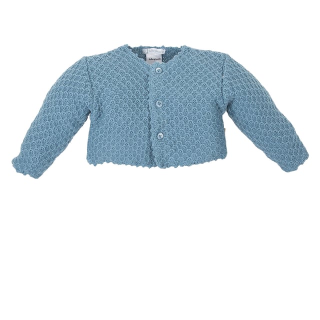 Tricot knit jacket.
 Round neck.
 Button closure on the front.
 Long sleeve.
 Seams seen in tone.
 Composition: 75% Cotton, 20% Polyamide, 5% Wool
 Care:
- Wash maximum at 30ºC.
 - Iron at medium temperature, max. 110ºC.
 - It is not allowed to use a dryer.
 - Do not use bleach.
 - Does not support dry cleaning.