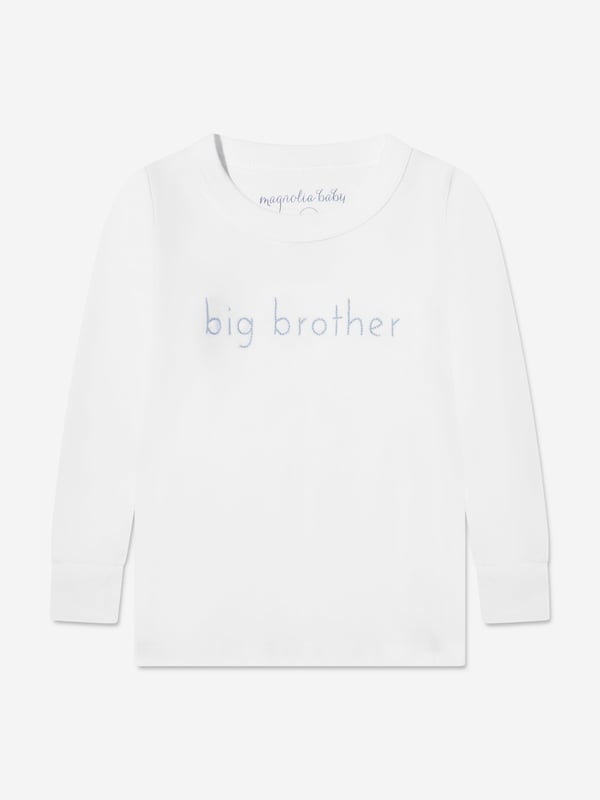 Magnolia Baby incorporate fine detailing and impeccable construction into their beautiful aesthetics. This baby boys blue pyjama set captures the label's distinctive high quality. Both presented in Pima cotton. The top features blue stitched 'Big Brother' detail whilst the leggings come with an elasticated waistband.  Two Piece Set  Top: Long Sleeves, Ribbed Trims Leggings: Ribbed Cuffs  100% Pima Cotton
