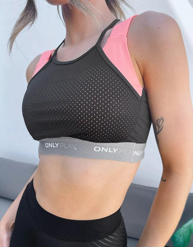 Only Play Mesh Double Layer Sports Bra In Black