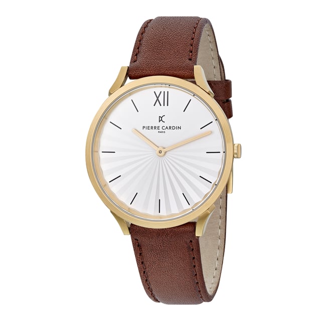 This Pierre Cardin Pigalle Plissée Analogue Watch for Unisex is the perfect timepiece to wear or to gift. It's Gold 40 mm Round case combined with the comfortable Brown Leather watch band will ensure you enjoy this stunning timepiece without any compromise. Operated by a high quality Quartz movement and water resistant to 3 bars, your watch will keep ticking. This casual and modern watch is perfect for all kind of casual activities, indoor activities or daily use, it's also a great gift for family and friend. High quality 21 cm length and  18 mm width Brown Leather strap with a Buckle Case diameter: 40 mm,case thickness: 6.55 mm, case colour: Gold and dial colour: White