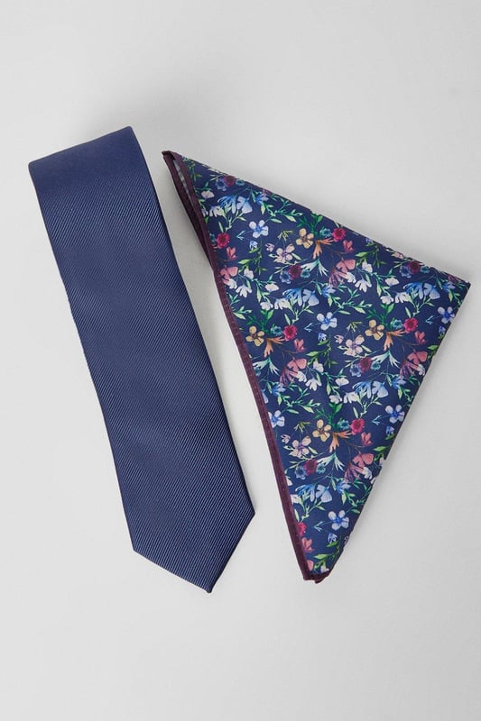 Autumn Navy Tie And Floral Pocket Square