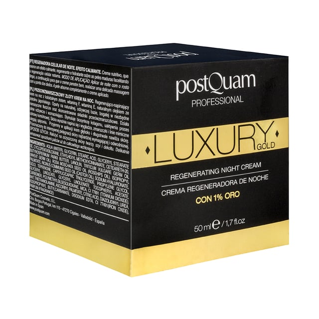 Crema regeneradora de noche - Luxury Gold 50 ml
Ref. PQEGOLD02

Descripción
Crema regeneradora de noche - Luxury Gold
50 ml

Crema nutritiva, que ejerce un efecto calmante, regenerante e hidratante sobre las pieles maduras restaurando su barrera lípidica y facilitando la reproducción celular nocturna.

Principios activos:
- Vitaminas F y E(al 0.2% cada una): nutritivos
- Aceites naturales de rosa mosqueta(1%): aceites regenerantes
- Oro(1%) con acción anti edad y protectora frente a agresiones físicas y químicas
- Renovage: activo que prolonga la vida celular mejorando todos los síntomas de la senescencia
Período de conservación
12 meses tras apertura
Modo de empleo
Aplicar cada noche en rostro. Se puede utilizar como base de maquillaje.
Ingredientes
AQUA (WATER), GLYCERIN, STEARIC ACID, GLYCERYL STEARATE SE, CYCLOPENTASILOXANE, ETHYLHEXYL METHOXYCINNAMATE, CETEARETH-20, BUTYROSPERMUM PARKII BUTTER, LANOLIN, TRITICUM VULGARE GERM OIL (WHEAT GERM OIL), ROSA MOSCHATA SEED OIL (ROSEHIPS OIL), ISOPROPYL PALMITATE, RICINUS COMMUNIS SEED OIL (CASTOR OIL), SODIUM HYALURONATE, GOLD, TEPRENONE, CAPRYLIC/CAPRIC TRIGLYCERIDE, PROPYLENE GLYCOL, GLYCERYL LINOLEATE, GLYCERYL LINOLENATE, TOCOPHERYL ACETATE, CARBOMER, POLYMETHYLSILSESQUIOXANE, MICA, TITANIUM DIOXIDE, BHT, TRIETHANOLAMINE, DIAZOLIDINYL UREA, IODOPROPYNYL BUTYLCARBAMATE, DISODIUM EDTA, IRON OXIDE, PARFUM (FRAGRANCE)
