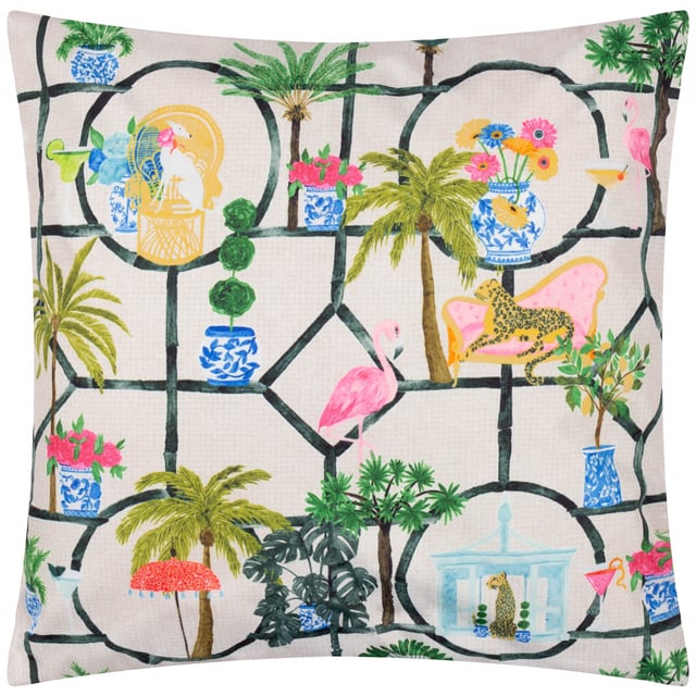 Bring effortless style to your outdoor living space with the Palm Royale Club Printed Outdoor Cushion. Designed with a stylish raw-edge finish and a double-sided pattern, this cushion blends contemporary geometric shapes with opulent art deco-inspired motifs. Vibrant flamingos, relaxed leopards, and lush foliage evoke the glamour of Palm Springs, making it a conversation starter for any gathering. Built for the outdoors, its water-resistant fabric ensures durability and practicality, whatever the season. Transform your outdoor seating area into a chic retreat that reflects your unique style and leaves a lasting impression on guests.