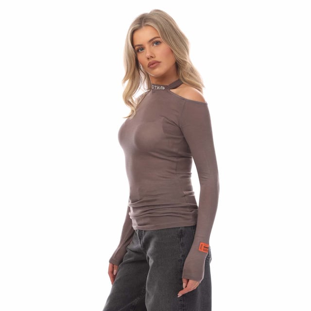 Heron Preston Cut Shoulder CTNMB Crewneck Sweater in grijs - wit.- Mock hals.- Lange mouwen.- Cut shoulder.- Half doorschijnend.- Heron Preston oranje logo patch genaaid op de mouwen.- Slim fit.- 99% Viscose 1% Elastane.- Ref: HWAB024F210901