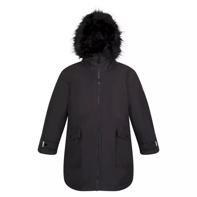 Regatta Childrens/Kids Adelyn Waterproof Parka (Black) Material: 100% Polyester. Fabric: Pongee. Lining: Taffeta. Design: Logo. Fabric Technology: Breathable, DWR Finish, High Warmth, Isotex 5000, Quick Dry, Thermo-Guard, Waterproof, Windproof. Insulated, Reflective Detail, Taped Seams. Cuff: Adjustable, Snap Fastening. Neckline: Hooded. Sleeve-Type: Long-Sleeved. Hood Features: Faux Fur Trim, Grown On Hood. Pockets: 2 Lower Pockets, Snap Fastening, Flap Closure. Fastening: Full Zip, Zip Guard. 5000g/m²/24hrs. Hem: Fishtail.