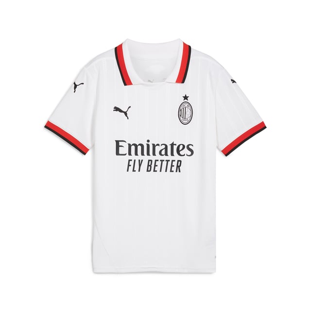 PUMA Boys AC Milan 24/25 Away Jersey PRODUCT STORY: Details make all the difference in the 24/25 AC Milan Away Kit. The classic white away combined with a red-and-black polo collar and monochromatic crest personifies the spirit of success and casual sophistication of a team synonymous with the Beautiful Game. Tonal pinstripe pattern adds a historic touch, honoring AC Milans origins as the Milan Football and Cricket Club. FEATURES & BENEFITS: dryCELL: Performance technology designed to wick moisture from the body and keep you free of sweat during exercise; As part of the RE:FIBRE program, this garment is made of at least 95% recycled material from textile waste and other used materials. DETAILS: Regular fit; 170 gsm, Jacquard; Crew neck; Short sleeves; Official team branding; PUMA Youth: Recommended for older kids between 8 and 16 years. Our model is 154 cm tall and is wearing size 152 RUS.