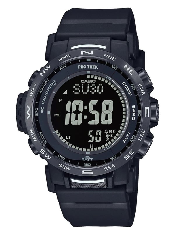 This Casio Protrek Digital Watch for Men is the perfect timepiece to wear or to gift. It's Black 40 mm Round case combined with the comfortable Black Plastic watch band will ensure you enjoy this stunning timepiece without any compromise. Operated by a high quality Quartz movement and water resistant to 10 bars, your watch will keep ticking. This sporty and fashionable watch gives you a unique feeling in every outfit!  This Digital watch has a calendar function: Day-Date , Solar Powered, Radio Controlled, Stop Watch and Altimeter High quality 21 cm length and 22 mm width Black Plastic strap with a Buckle Case diameter: 40 mm,case thickness: 13 mm, case colour: Black and dial colour: Black