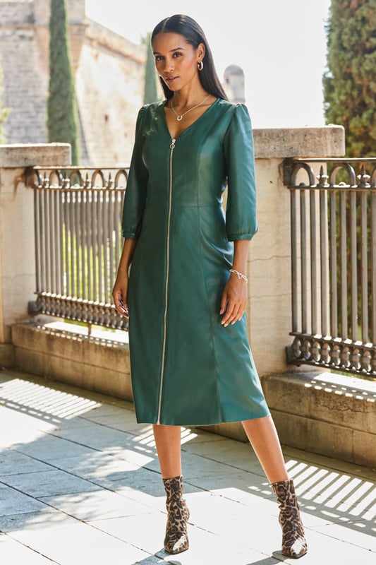 Emerald Green Zip Front Faux Leather Midi Dress