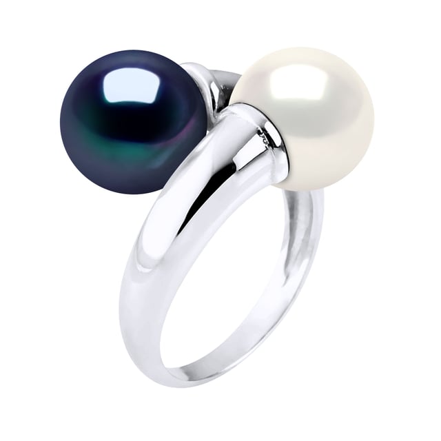 Ring \"You \u0026 Me\" Bulk - 2 äkta odlade sötvattenspärlor runda 9-10 mm -Silver 925 Rhodiumpläterad - FÄRG \"NATURLIG VIT\" + \"SVART TAHITIAN STYLE\" - finns i storlek jämna nummer från 48 till 62 - Levereras i ask och med sitt äkthetsintyg och internationella garanti - MADE IN FRANCE
