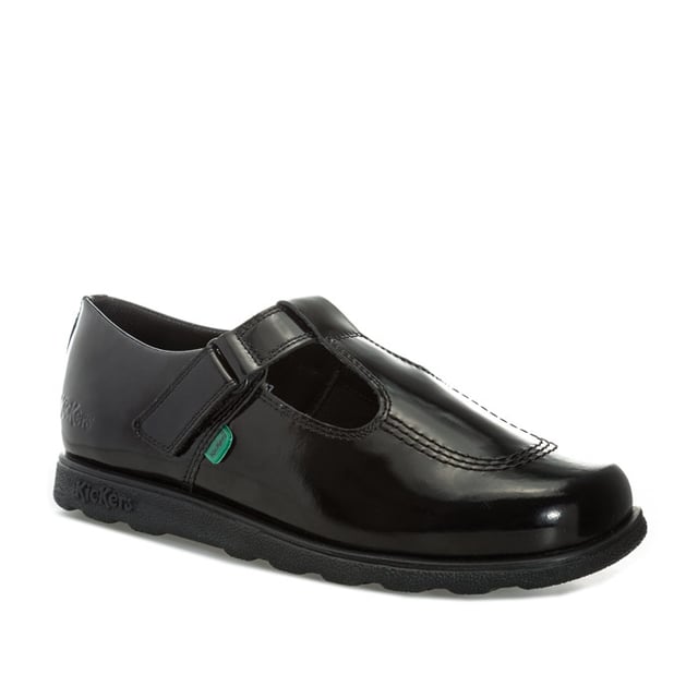 Junior Girls Kickers Fragma T-Bar Patent Shoes in Black<BR><BR>- T-bar construction<BR>- Hook and loop strap fastening<BR>- Classic triple stitch detail<BR>- Iconic red and green logo tabs<BR>- Shiny leather patent upper<BR>- Branding embossed to side<BR>- Leather Upper  textile and Synthetic Lining  Synthetic Sole<BR>- Ref: 115177