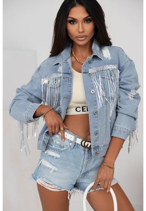 Distressed denim material for a trendy and edgy vibe
  Sequin embellishments for a touch of glamour and sparkle
  Fringe detailing for a boho-chic look
  Unique combination of distressed denim sequin embellishments and fringe detailing
  Perfect addition to any fashion-forward womans wardrobe