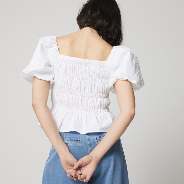 River Island Womens Blouse White Shirred Cut Out Puff Sleeve