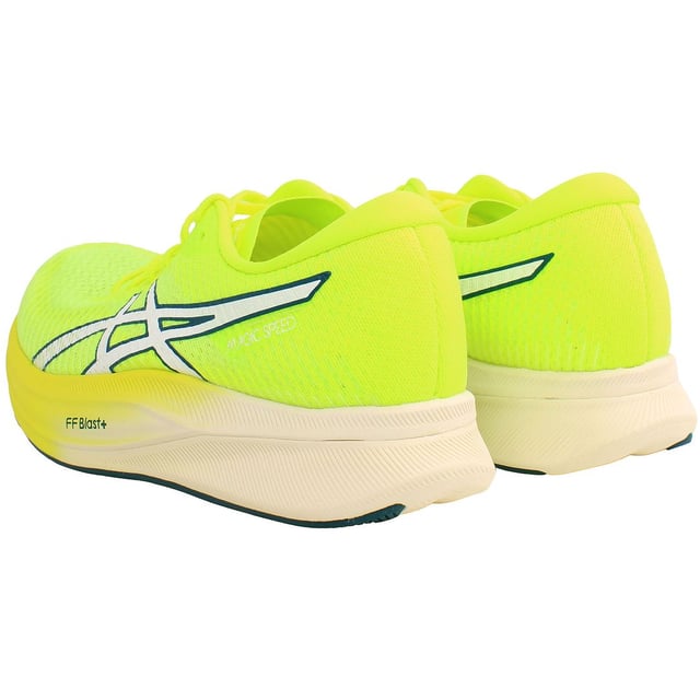 The Asics Magic Speed 2 Women's Yellow Trainers are likely designed for runners seeking a combination of performance, comfort, and style. Here are some features you might find in these trainers:

 Performance-Focused Design: Asics running shoes are typically designed with performance in mind, offering features to enhance running efficiency and comfort.

 Advanced Cushioning Technology: Expect the inclusion of Asics' signature cushioning technology, such as FlyteFoam or GEL cushioning, providing responsive and comfortable support during runs.

 Breathable Upper: The upper of the trainers likely incorporates breathable mesh material to promote airflow and keep the feet cool during runs.

 Lightweight Construction: Asics often emphasizes lightweight construction in their running shoes, allowing for a more agile and efficient running experience.

 Responsive Midsole: The midsole is likely designed to be responsive, providing energy return with each stride to enhance the overall running performance.

 Durable Outsole: The outsole is likely constructed for durability and traction, providing a reliable grip on various surfaces.