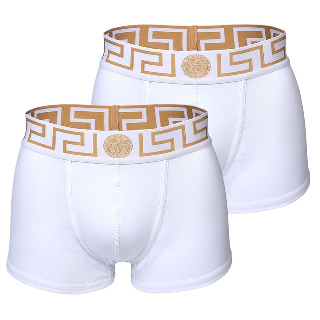 Zwei elegante Herren Boxer Shorts der Marke VERSACE. Hochwertige Unterhosen mit Greca-Muster und Medusa-Motiv am elastischen Bund. Sehr hohe Qualität.