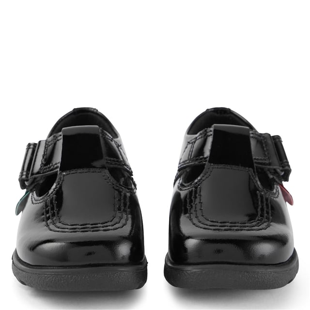 Infant Girls Kickers Fragma T-Bar Patent Shoes in Black- Hook and loop strap fastening- Shiny patent leather upper- Classic triple stitch detail- Iconic red and green logo tabs- Ridged rubber sole for traction and durability- Embossed branding to side- Leather Upper  Textile Lining  Synthetic Sole- Ref: 115178