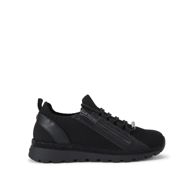 This Carvela Pace Zip Knit trainer features a black fabric upper with slight glimmer. The front laces are tubular with a gunmetal zip on the eye stay. There is a black crystal panel around the midsole.