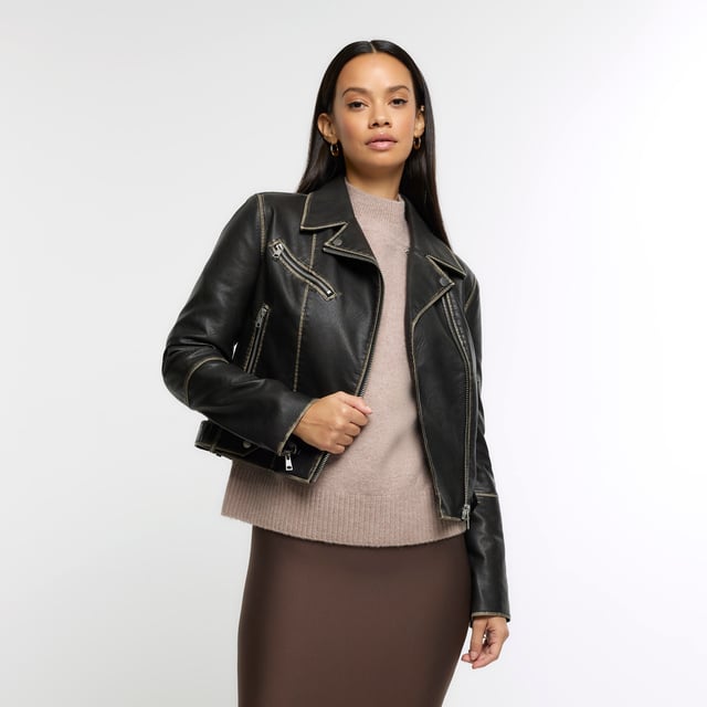 River Island Womens Biker Jacket Black Distressed Faux Leather