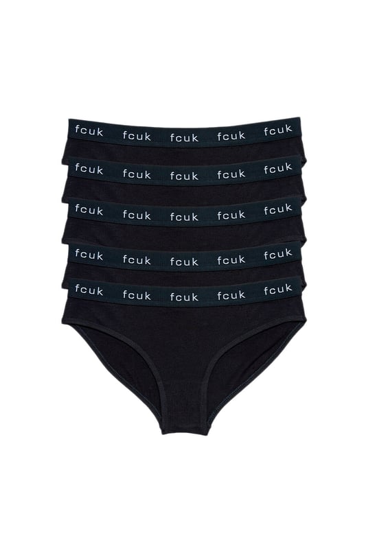 Black 5 Pack Cotton French Connection Ladies Briefs Refresh your everyday essentials with this five-pack of French Connection briefs. Features elastic waistband with a classic FCUK branding logo. Made from stretch cotton fabric to ensure comfortable wear.