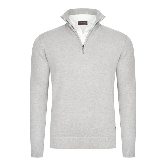 Jersey Cappuccino Italia con cremallera falsa para hombre. El jersey está confeccionado en 50% algodón y 50% poliéster y es de corte recto. El jersey tiene cuello camisero, que está cosido al jersey.  Marca: Cappuccino ItaliaNombre del modelo: Mock Pullover (con cuello camisero)Categoría: jersey de hombreMateriales: algodón, acrílicoColor: gris, blanco