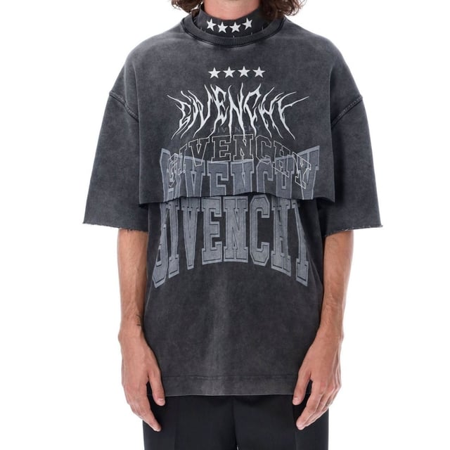 Introducing the Givenchy Grey T Shirt - the perfect addition to your wardrobe! This tee offers a comfortable and stylish option for any casual occasion. Its oversized fit is both trendy and flattering, making it a must-have piece for fashion-forward individuals. Elevate your style with Givenchy!, Givenchy Branding, Overlapped Hoodie/Tee Design, Crew Neck Tee With Additional Hood, Logo On Front and Back, 100% Cotton, Streetwear, Stars Around Neck, Grey Tee