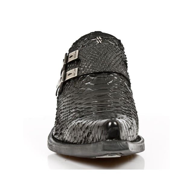 Part of the iconic West collection, these shoes pair the formal dress silhouette with a retro Western design that results in a truly unique and stylish piece. The shoe is made eye catching by the introduction of a snakeskin textured upper which highlights the prestigious quality of the cow hide leather New Rock uses here. For added character, metallic features are implemented at the straps in the form of buckles and at the heel where steel is used to create a dazzling appearance. , Heel Height - 4cm, Platform Height - 1cm, Shaft Height - 7cm, Outer Material - Cow Hide Leather