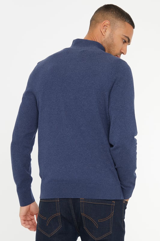 Blue Rib Detail Crew Neck Knitted Quarter Zip Jumper