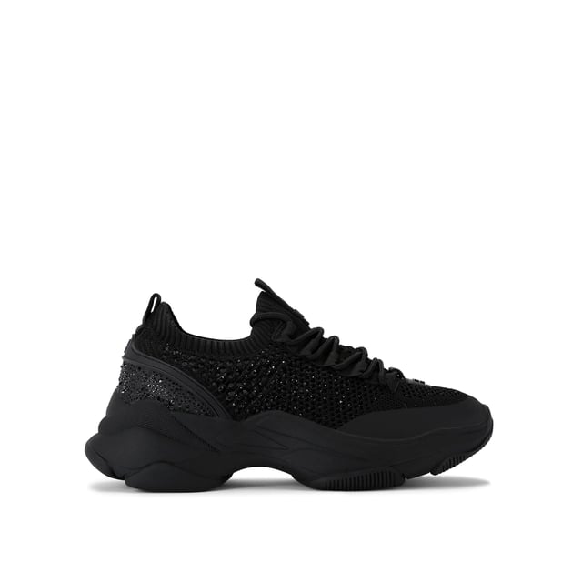 This KG Kurt Geiger Lively Gem sneaker is a black knitted sneaker which is embellished with black crystals. There is gunmetal branding across the upper and embossed branding on the heel.