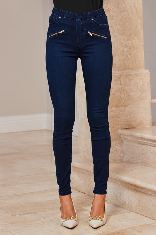 MORE STOCK COMING SOON - JOIN THE WAITLIST!
REASONS TO BUY:

Like jeans, but comfier
Soft touch fabric + elasticated waist = serious comfort
Chic indigo wash: dress them up or down
Cool biker zip detail
Classic skinny fit
You'll wear them with everything

Inside leg to fit: Short - 29" | Regular - 31" | Long - 33"