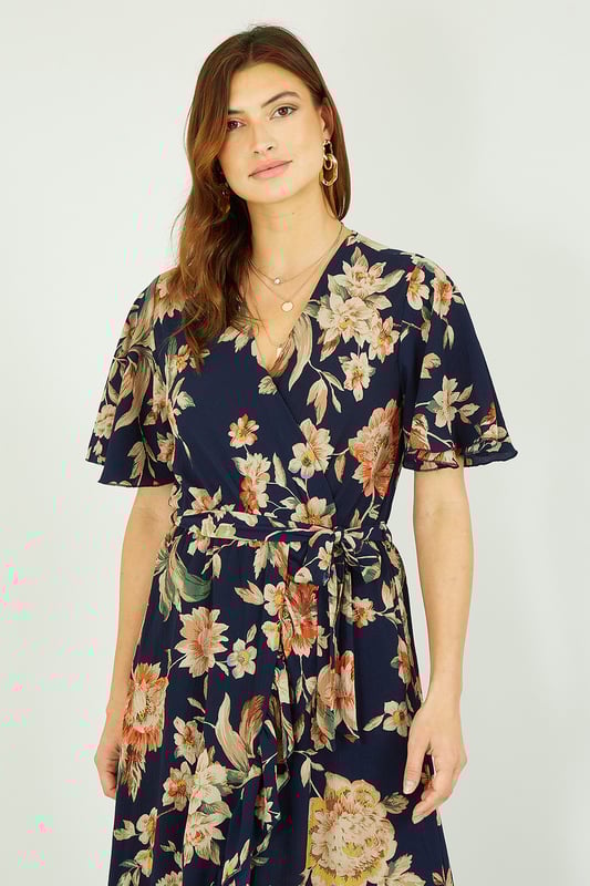 Mela navy sales floral wrap dress