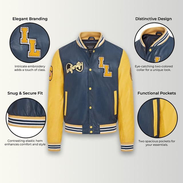 Introducing the Men's Baseball Leather Jacket, a perfect blend of classic varsity style and modern craftsmanship. This letterman bomber jacket features contrasting sleeves and a striped knit ribbed collar, waistband, and cuffs for a timeless athletic look. The press studs front closure and embroidered brand logo patches on the chest and sleeves add a touch of authenticity and flair. Designed with practicality in mind, it includes two jet pockets at the waist and two inside welt pockets for your essentials. The panelling to the back of the jacket ensures a tailored fit and superior comfort.

Contrasting sleeves for a stylish look
Striped knit ribbed collar, waistband, and cuffs for a classic finish
Press studs front closure for easy wear
Embroidered brand logo patches on the chest and sleeves for added detail
Two jet pockets at the waist and two inside welt pockets for convenience
