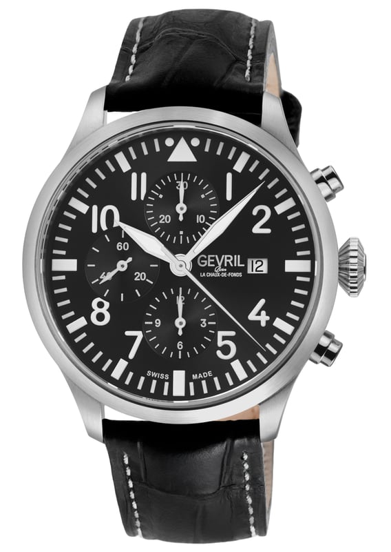Reloj automático suizo Gevril 47100 Vaughn para hombres
Reloj cronógrafo automático suizo para hombres Gevril de la colección Vaughn
Estuche redondo de acero inoxidable 316L de 44 mm, esfera negra cronógrafo con 3 subesferas: contador de 1/8 segundos, contador de 30 minutos, contador de 12 horas
Fondo de caja con 4 tornillos, corona de empuje/tirón, bisel pulido, estuche satinado
Edición Limitada 001/500
Correa genuina negra italiana hecha a mano con hebilla de tang
Cristal de zafiro antirreflectante
Resistente al agua hasta 50 metros/5ATM
Movimiento cronógrafo automático suizo ETA7750