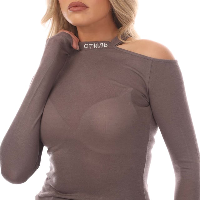 Heron Preston Cut Shoulder CTNMB Crewneck Sweater in grijs - wit.- Mock hals.- Lange mouwen.- Cut shoulder.- Half doorschijnend.- Heron Preston oranje logo patch genaaid op de mouwen.- Slim fit.- 99% Viscose 1% Elastane.- Ref: HWAB024F210901